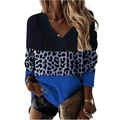 Top da donna a maniche lunghe con scollo a V, stampa leopardata nera e design color block - S / Blu
