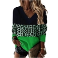 Top da donna a maniche lunghe con scollo a V e blocchi di colore nero, leopardato e verde - S / Verde
