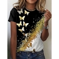 Detail des Schmetterlings-Print-T-Shirts mit schwarz-weißem Patchwork und goldenem Glitzer - S / Stil 2 (Schwarz-weiß Schmetterlingsdruck)