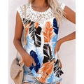 Γυναικείο καλοκαιρινό t-shirt με δαντέλα και πολύχρωμα τροπικά φύλλα με εκτύπωση - S / Τροπικό Φύλλο (Λουλούδι 3)