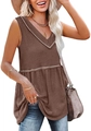 Detailed macro view of brown waffle knit V-neck tank top with textured ruffles - Khaki