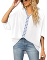 Women's white chiffon V-neck blouse with blue geometric embroidery and batwing sleeves - S / White