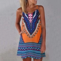 Detail of bohemian summer dress with vibrant orange tribal print and sleeveless design - S / Orange Yellow