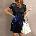 Close-up of black lace patchwork sleeves and dandelion print detail on summer dress - 蓝色蒲公英(5号色)