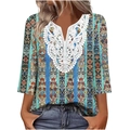 Women's V-neck top with white lace patchwork and bohemian print three-quarter sleeves - S / Tops / Ethnic Stripe Print (Color 1)