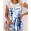 Close-up of intricate white lace crochet on the collar of a blue tie-dye striped top - Blue White Tie-Dye (Flower 6)