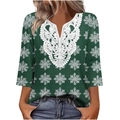 Women's V-neck green T-shirt with white lace trim and snowflake print pattern - S / Tops / Dark Green Snowflake Print (Color 2)