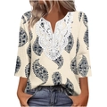 Women's V-neck paisley print top with white lace patchwork and loose 3/4 sleeves - S / Tops / Beige Paisley Print (Color 3)