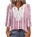 T-shirt donna scollo a V con strisce floreali rosse e inserto in pizzo bianco - Strisce Floreali Rosa Bianco (Colore 5)