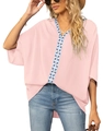Pink chiffon V-neck blouse with batwing sleeves and geometric woven trim detailing - S / Pink