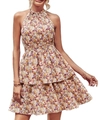 Women's floral halter neck sleeveless mini dress with tiered skirt for summer style - S / Pink Apricot