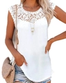 White sleeveless top for women featuring intricate lace splicing and floral crochet design - White