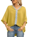 Detail of V-neck yellow blouse with ethnic blue and white geometric embroidered trim - S / Yellow