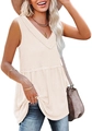 Close-up of beige V-neck tank top featuring textured waffle knit and peplum babydoll hem - Light Pink