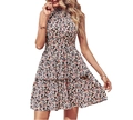 Floral print halter neck sleeveless mini dress with layered ruffle hem on white background - S / Black Red