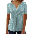 Women's light blue V-neck short sleeve shirt with white geometric dot patterns and buttons - S / Green