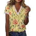 Detailed view of floral V-neck top with intricate white lace trim on sleeves and neckline - S / Yellow