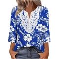 Women's royal blue V-neck top with white lace trim and tropical floral print details - S / Tops / Royal Blue Tropical Floral (Color 4)