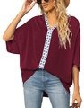 Detail of burgundy V-neck blouse featuring geometric pattern tape and batwing short sleeves - Burgundy
