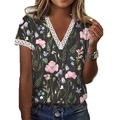 Women's V-neck short sleeve T-shirt with floral print and white lace trim detail - S / Black