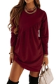 Detail view of the wine red long sleeve dress featuring an asymmetric pleated design - S / Burgundy