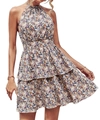 Detail of floral halter dress showing high-waisted elastic pleats and layered cake skirt hem - S / Grey Apricot