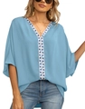 Boho light blue V-neck chiffon blouse with geometric embroidery and batwing sleeves - Blue