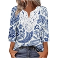 Top a stampa paisley blu con maniche a 3/4, scollo a V e dettagli in pizzo bianco - Paisley Blu Bianco (Colore 6)