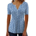 Women's light blue V-neck polka dot blouse with short sleeves and pleated detail - S / Blue