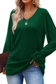 Women's deep green V-neck long sleeve T-shirt featuring elegant ruffle bell cuff details - S / Green