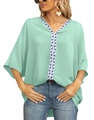Women's V-neck mint green chiffon blouse with geometric trim and loose batwing sleeves - Green