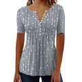Women's V-neck short sleeve shirt in grey with white polka dots and vertical lines pattern - S / Gray