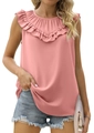 Detailed view of the double-layered ruffle neckline on this elegant pink sleeveless chiffon top - Pink