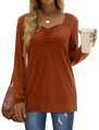 Detail shot of v-neck rust red long sleeve top with stylish front ruching design - S / Orange Red