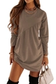 Detail of long sleeve mini dress featuring unique diagonal asymmetric pleated stitching - Coffee