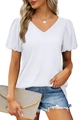 Detail of white V-neck T-shirt showing elegant puff sleeves and soft fabric texture - S / White