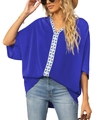 Close-up of V-neckline with geometric trim on royal blue chiffon batwing sleeve blouse - Dark Blue