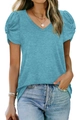Detail of the elegant puff sleeves and pleat accents on the light blue V-neck T-shirt - Lake Blue
