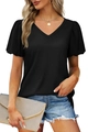 Chic black V-neck t-shirt with puff sleeves and casual design for women's summer style - S / Black