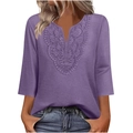 Women's purple V-neck top with intricate lace embroidery and three-quarter sleeves - Purple