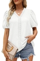 Elegante weiße Bluse mit Swiss-Dot-Muster, V-Ausschnitt mit Spitze und modischen Puffärmeln - S / Weiß