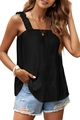 Women's black smocked sleeveless tank top with ruffled straps and ribbed texture - Black