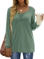 Detail view of sage green long sleeve top featuring ruched V-neckline and soft knit fabric - S / Green