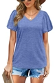 Detail of greyish blue V-neck top with puff lantern sleeves and breathable textured fabric - S / Blue