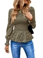 Detail of dark green floral long sleeve peplum blouse with elastic cuffs and round neck - Yellow