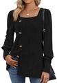 Detail of square neckline and decorative amber buttons on black ribbed knit long sleeve top - S / Black