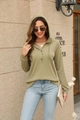 Detail of waffle knit fabric and buttoned henley neckline on olive green hoodie - S / Army Green
