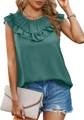 Women's dark green sleeveless chiffon blouse with pleated ruffle neck and casual style - Dark Green