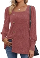 Close-up of square neck rib-knit top with amber decorative buttons and long sleeves - S / Red