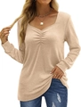 Detailed view of the elegant ruched chest design and V-neckline on this apricot long sleeve top - Off White
